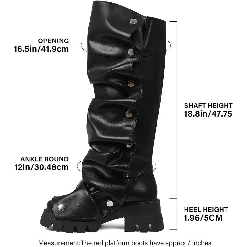 Women's Black Pu Fold Over Knee Slouchy Ruched Stacked Heel Round Toe Boots